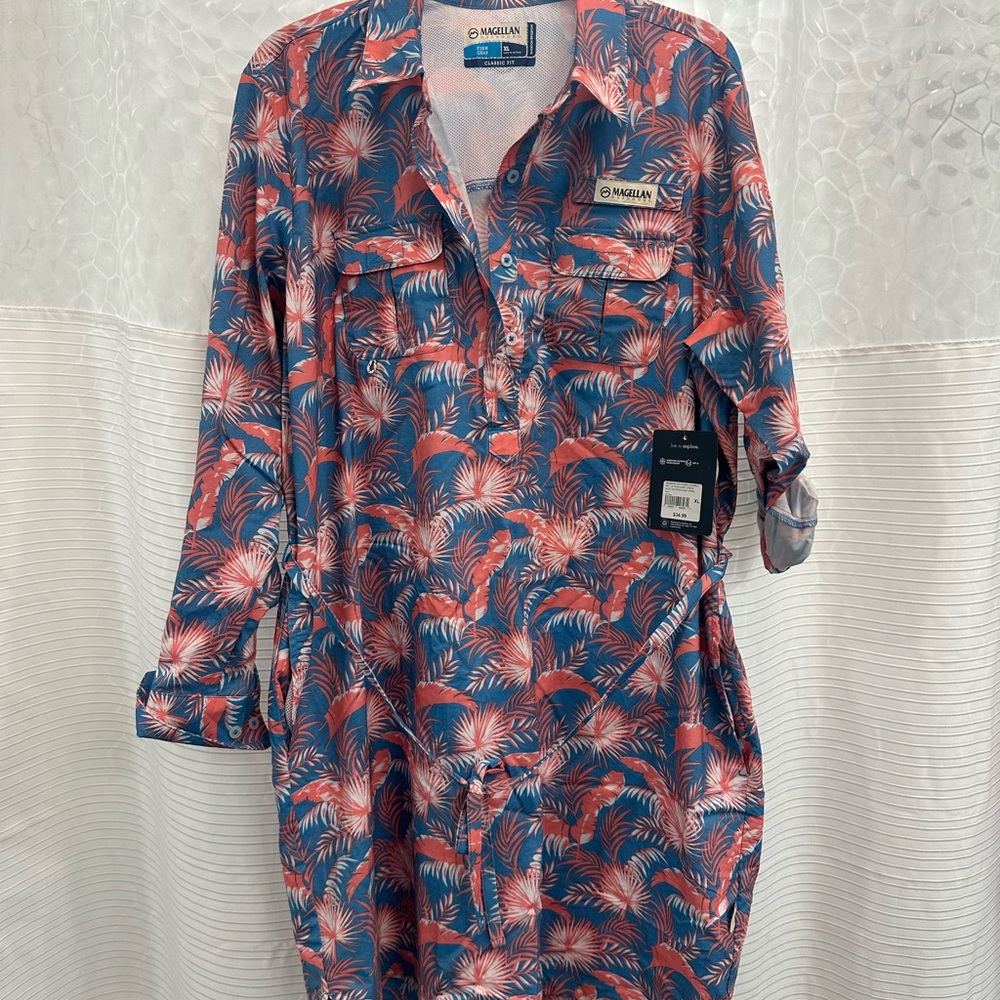 Magellan Outdoors Tropical Print Dress - Blue and Pink